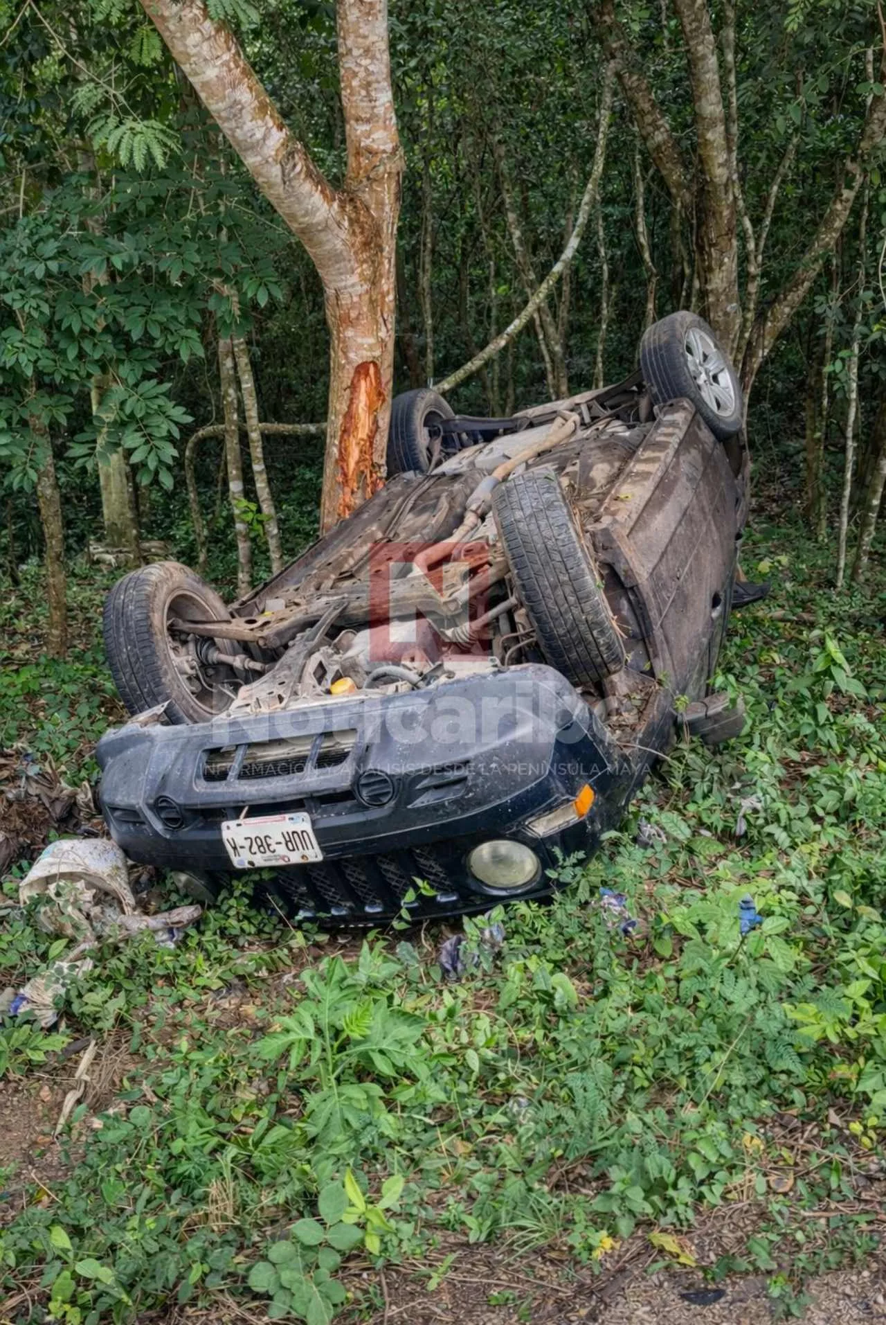 Emergency responders at the scene of a rollover accident on the Tulum-Cobá highway