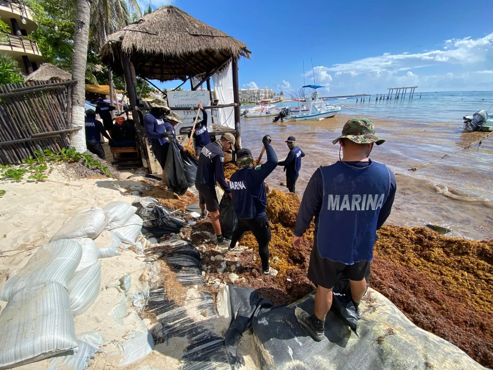 Personnel working to clean up sargassum on the beach at El Recodo in Playa del Carmen.