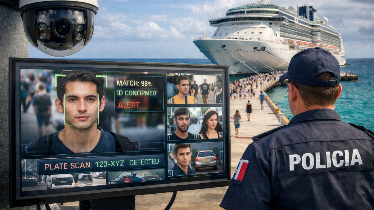 A police officer observes a surveillance monitor displaying facial recognition results at a busy cruise port with a ship in the background.$#$ **CAPTION**