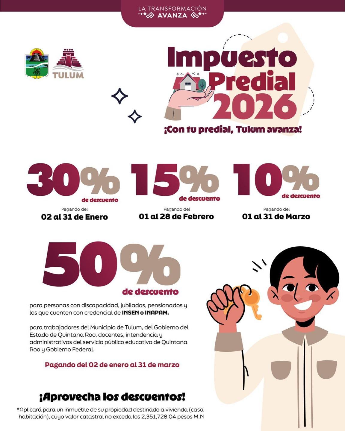 Tulum municipal government announcement about property tax discounts