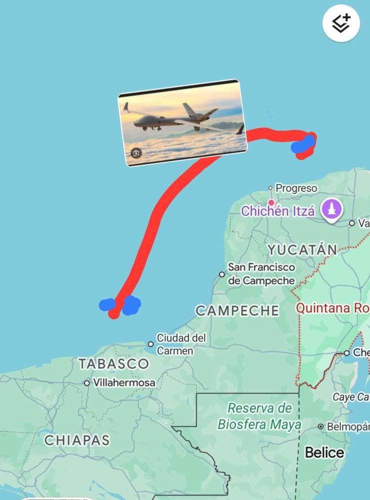 Illustration of a military drone flying over the Gulf of Mexico