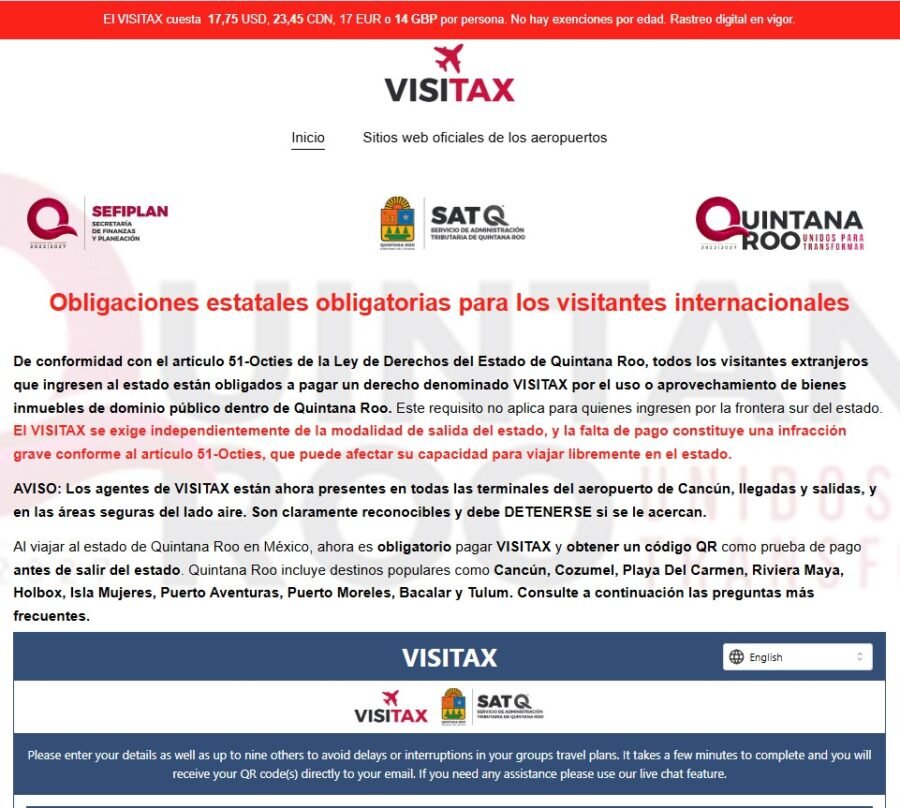 Visitax fee information for Quintana Roo tourists