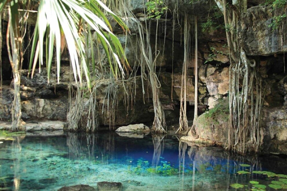 Aerial view of the X'baatún Mayan archaeological site in the jungle of Tekal de Venegas, Yucatán