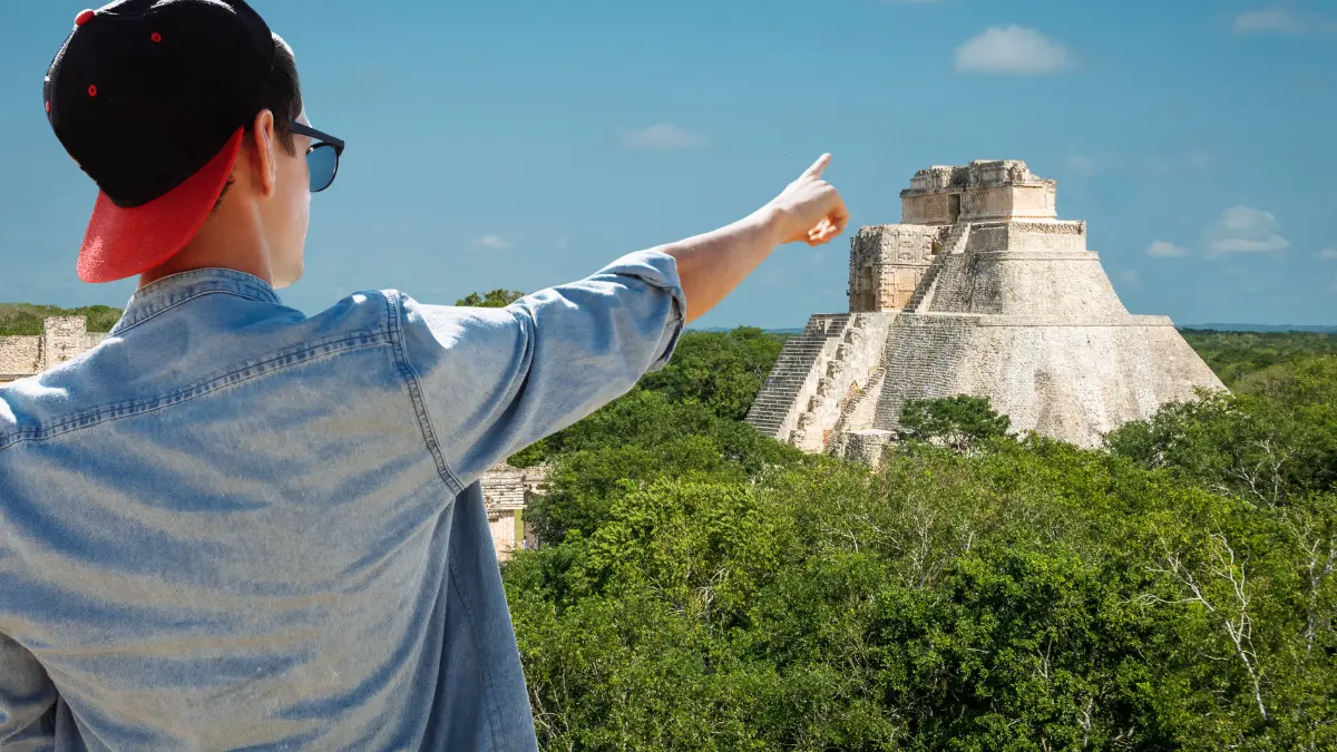 Aerial view of Mayan archaeological site in Yucatán