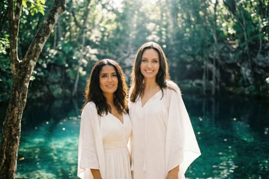 A generated image depicting Angelina Jolie and Salma Hayek in Tulum, Mexico, with cenotes and jungle scenery in the background.