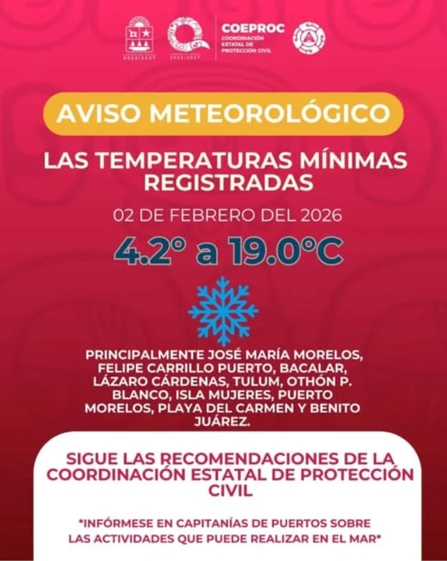 Map showing temperature variations across the Yucatan Peninsula during the Arctic air mass event