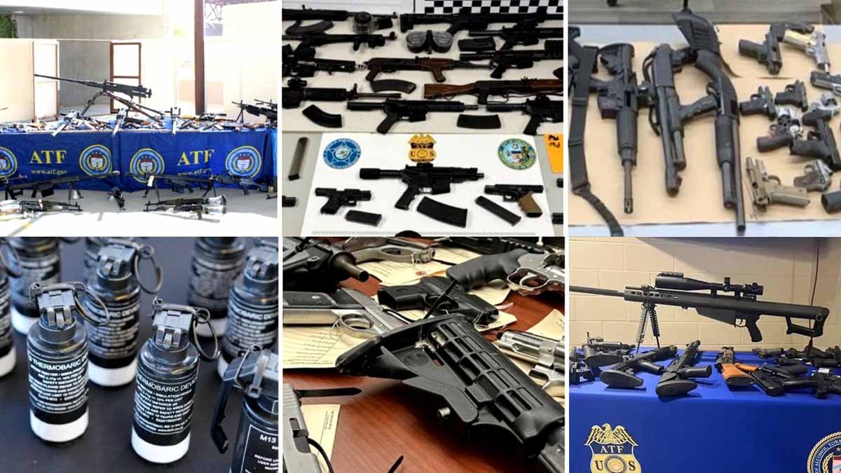 A table displaying numerous seized firearms and ammunition boxes during an ATF operation.