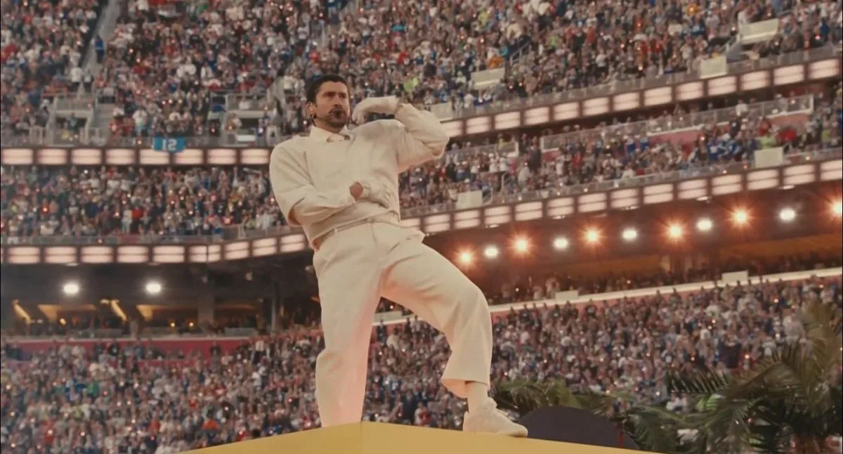 Bad Bunny performing on stage during the Super Bowl halftime show at Levi's Stadium