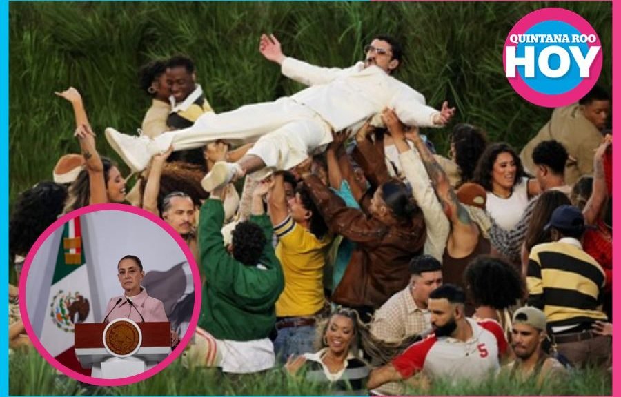 Bad Bunny performing during the Super Bowl LX halftime show