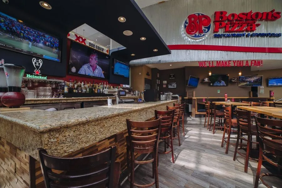 Exterior view of the new Boston's Pizza restaurant in Riviera Maya, Mexico