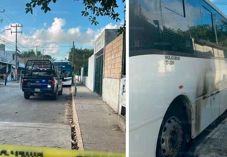 A bus with gasoline stains on its side in the Villas Otoch neighborhood of Cancun