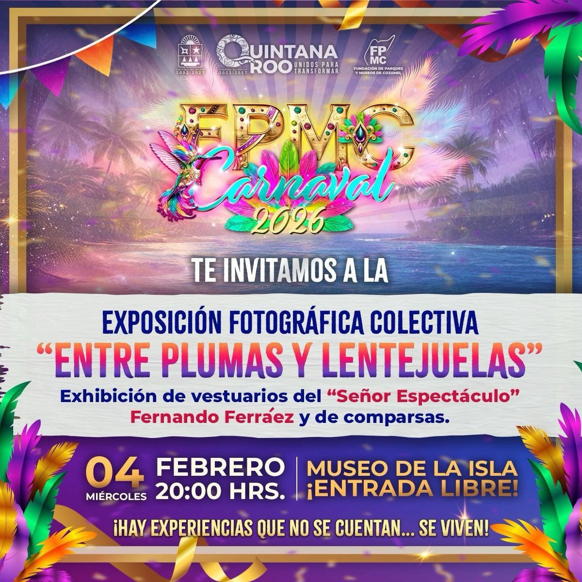 A display of colorful Carnival costumes and photographs at the Museum of the Island in Cozumel