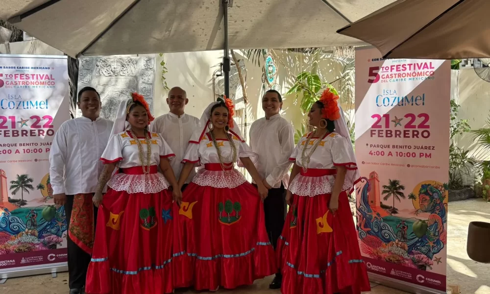 A promotional image for the Mexican Caribbean Gastronomic Festival in Cozumel, featuring food and cultural displays.