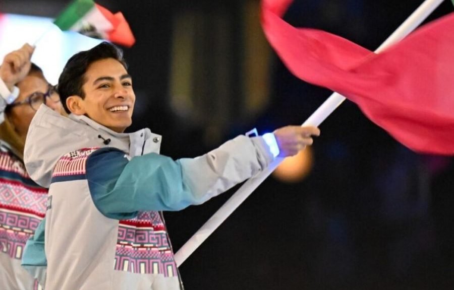 Mexican figure skater Donovan Carrillo carrying the national flag at the Milano-Cortina 2026 Winter Olympics opening ceremony