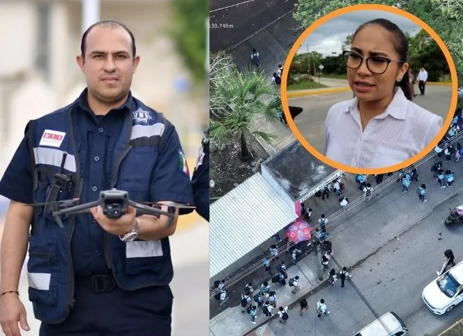 A drone flying over the town center of Felipe Carrillo Puerto, Quintana Roo