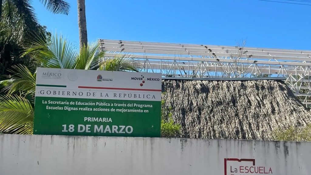 Aerial view of the 18 de Marzo primary school in Felipe Carrillo Puerto, Mexico, where a construction worker fell from a dome