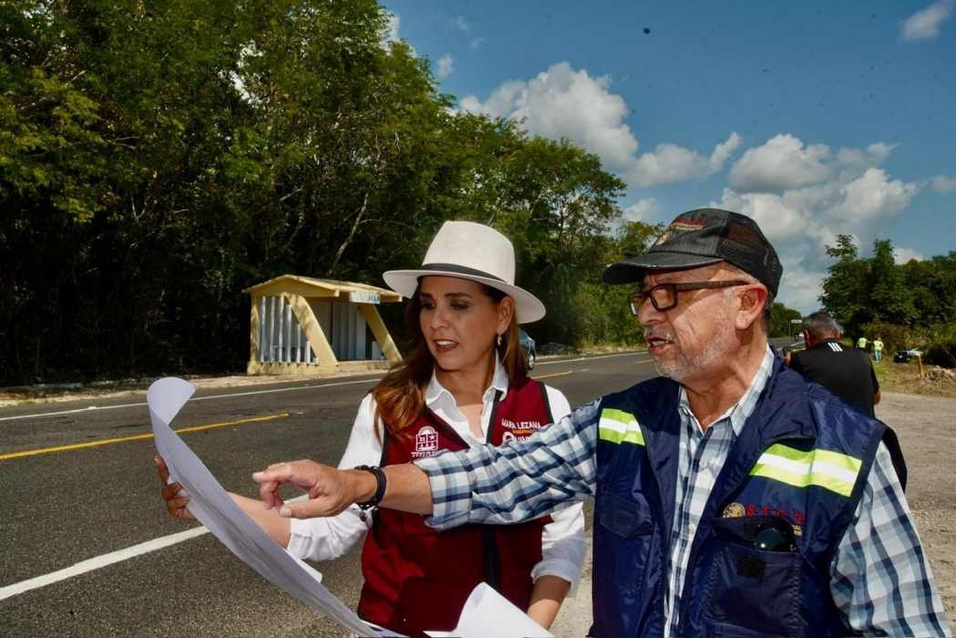 Quintana Roo Governor Mara Lezama inspecting completed highway repairs on Federal Highway 307 in Bacalar