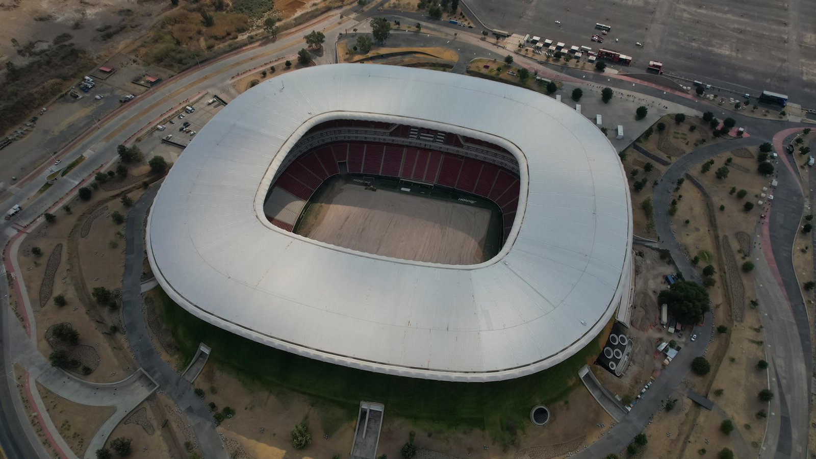 Aerial photograph showing renovation work at Estadio Guadalajara in Guadalajara, Jalisco, Mexico