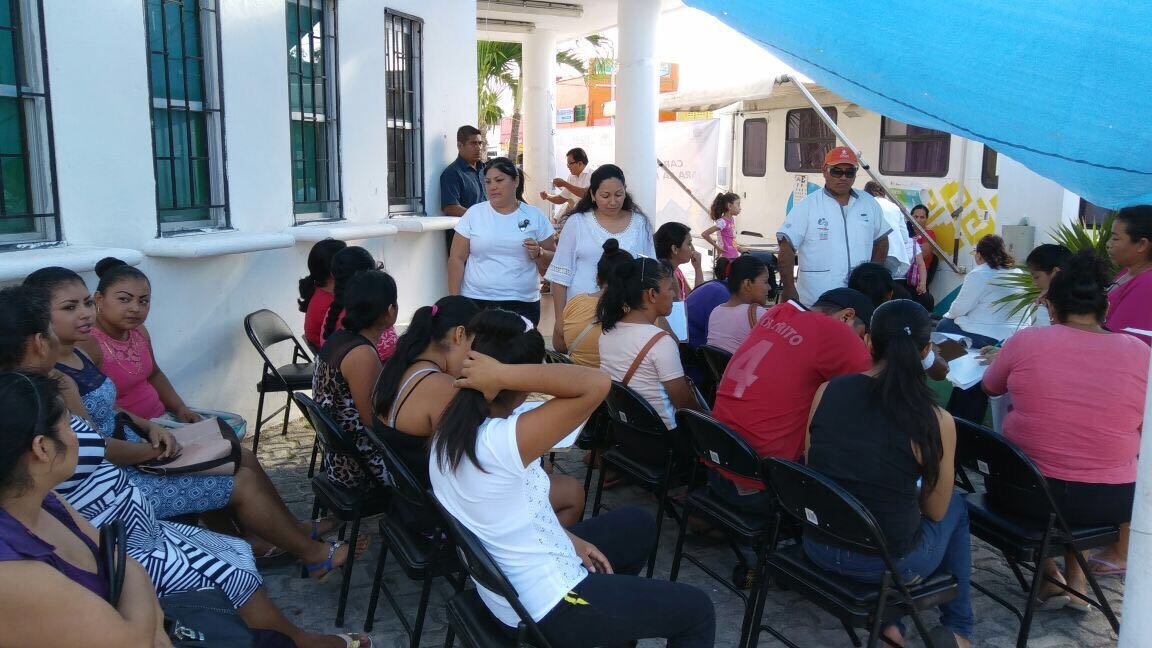 A mobile health caravan unit parked in a community in Quintana Roo, Mexico