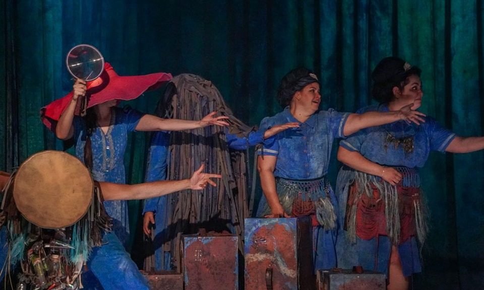 Actors performing in the theater production 'Jah, the Water Wizards' at Teatro 8 de Octubre in Cancún