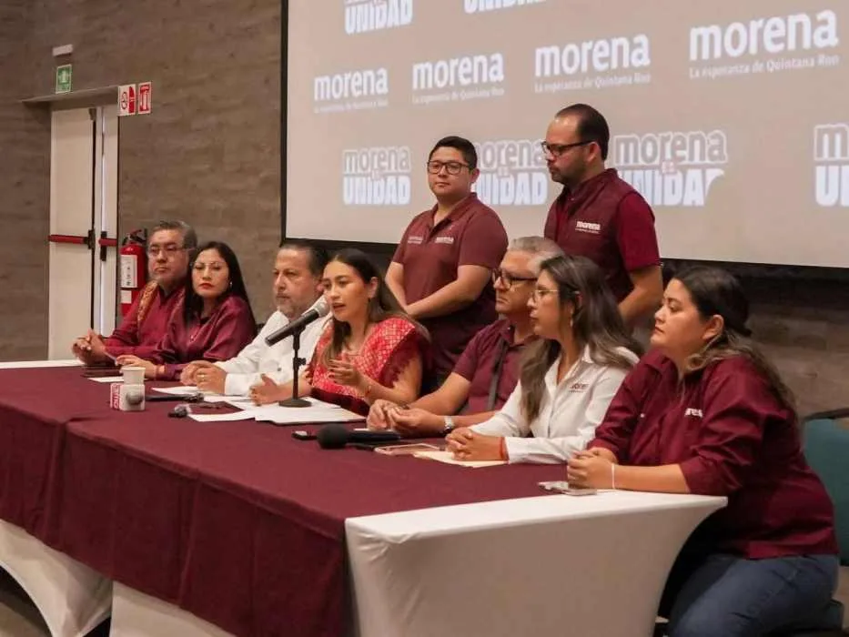 Johana Acosta, Morena state leader, speaks at a press conference in Cancun