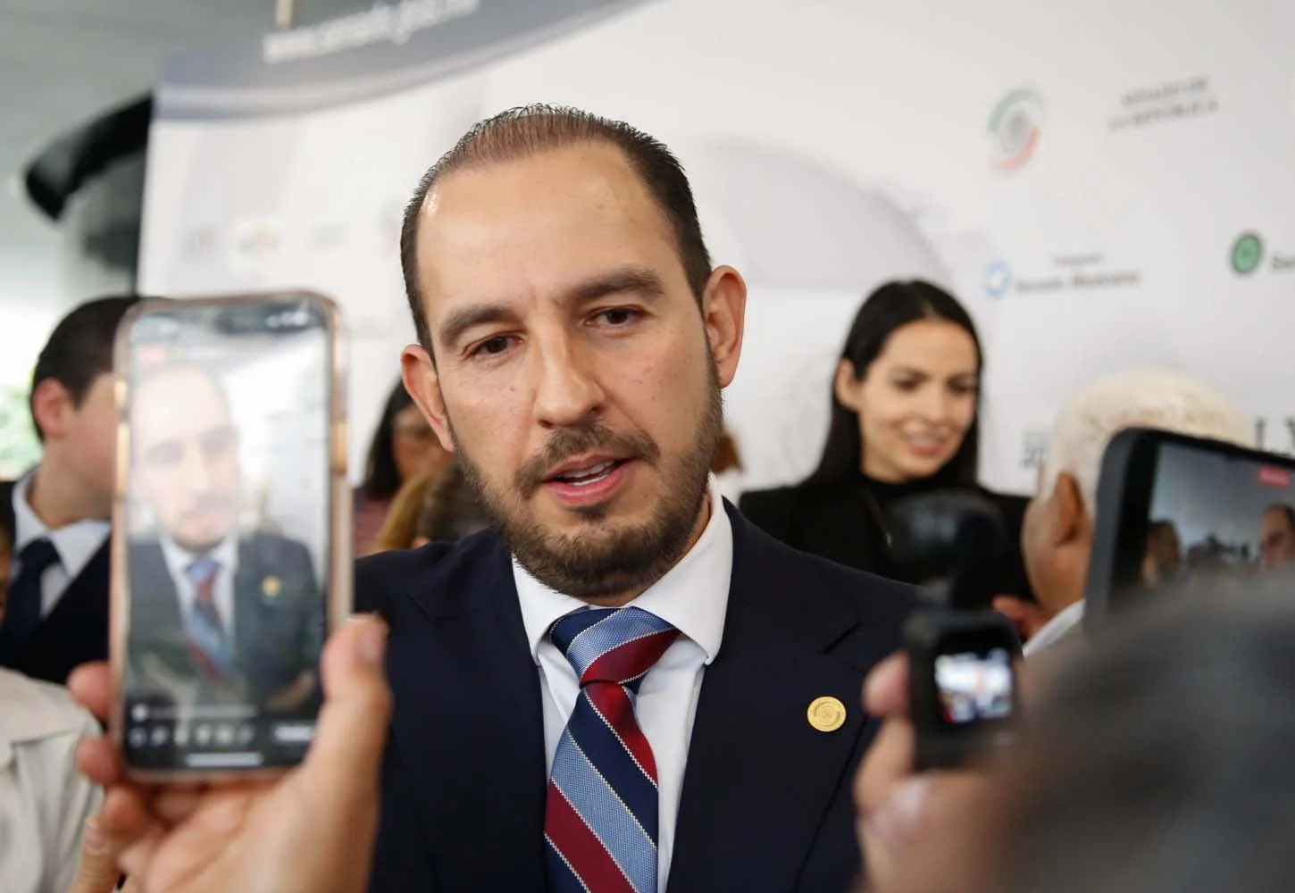 Senators Marko Cortes and Raymundo Bolaños speaking at a press conference about electoral reform