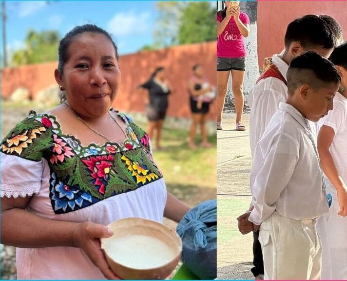 A person speaking or teaching the Maya language in a community setting in Quintana Roo, Mexico