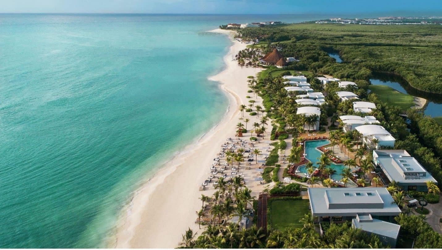 Aerial view of the Mayakoba area in Playa del Carmen showing coastal development and natural habitats