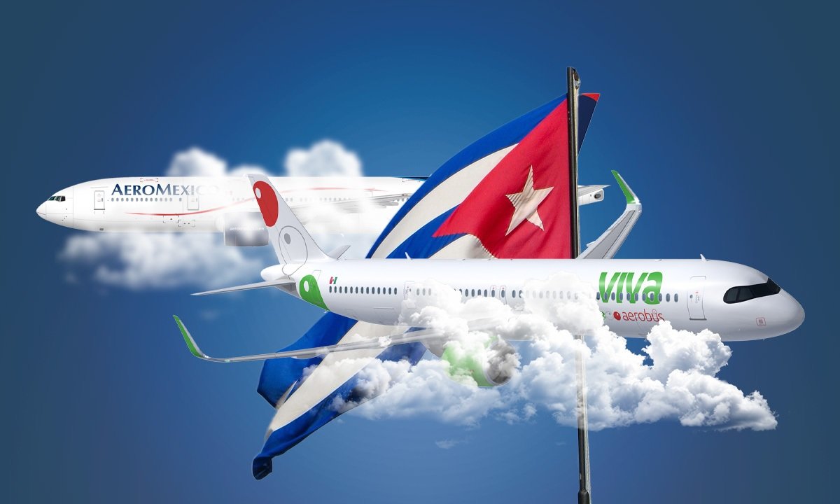 A plane on the tarmac with a Cuban flag in the background, illustrating the ongoing flight operations amid fuel shortages.
