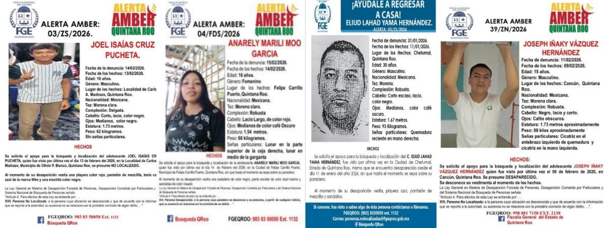 Authorities in Quintana Roo are searching for seven missing persons, including three minors, across multiple municipalities.