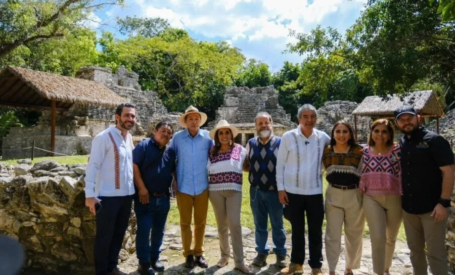 Governor Mara Lezama and INAH officials at the Muyil archaeological site reopening ceremony in Sian Kaan
