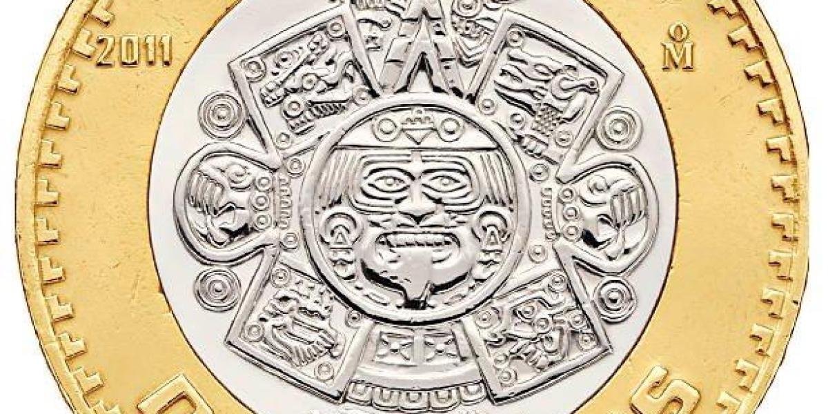 A close-up image of the new 10-peso coin design from Mexico's Treasury Department