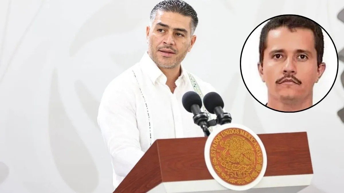 Mexican security chief Omar Garcia Harfuch speaking at a press conference