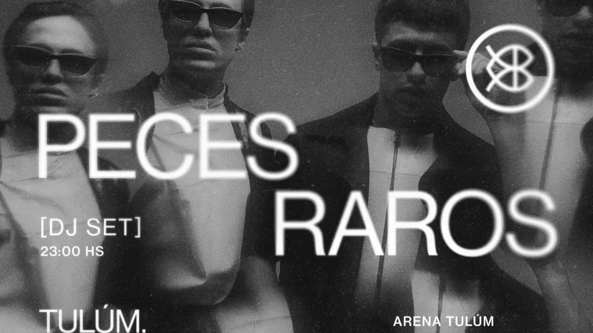 Promotional poster for a DJ set titled "Peces Raros" at Arena Tulum featuring a black and white design with stylized text and images of DJs wearing sunglasses.$#$ CAPTION