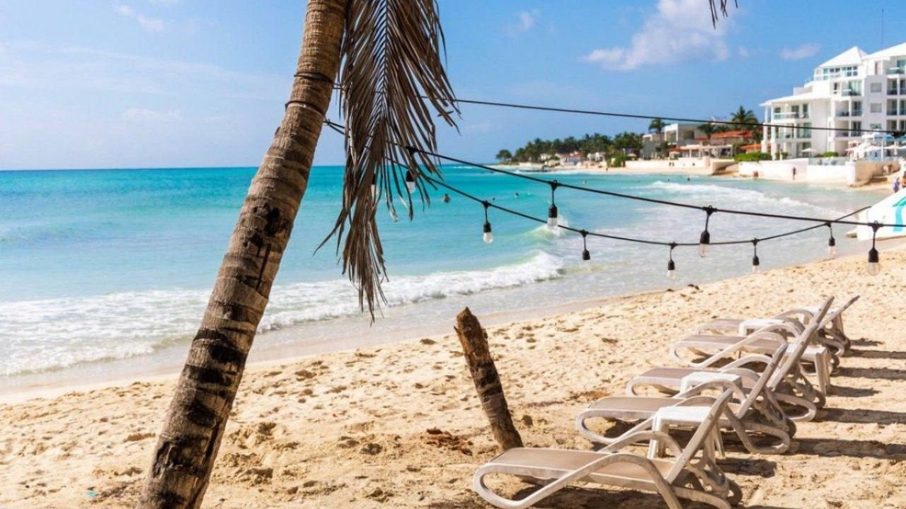 A panoramic view of Playa del Carmen's coastline under a clear blue sky, with tourists enjoying the Caribbean Sea on a typical sunny day.