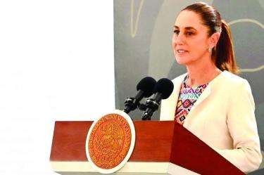Mexican President Claudia Sheinbaum speaking at a press conference in Mazatlán, Sinaloa