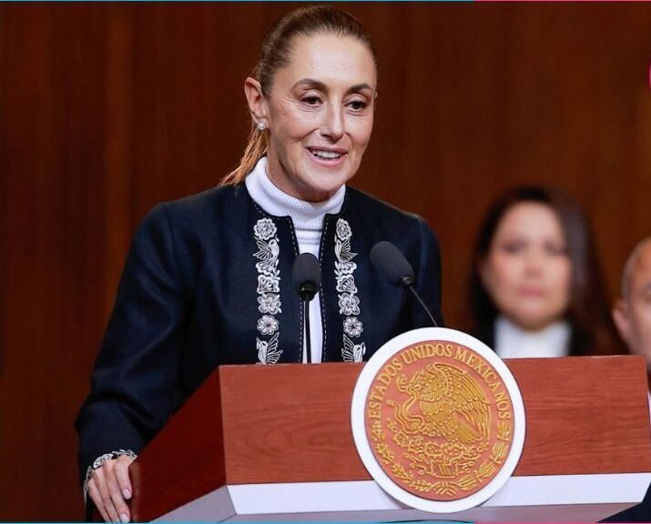 Mexican President Claudia Sheinbaum delivering a speech at the Teatro de la Republica in Queretaro