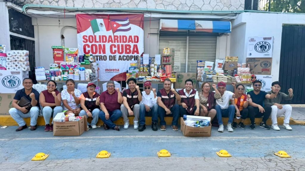 A collection center in Puerto Aventuras filled with donated items for Cuba