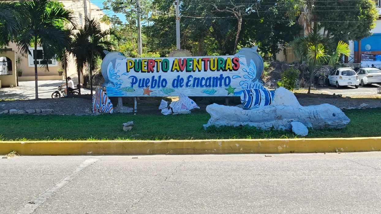 A street scene in Puerto Aventuras, Mexico, showing existing infrastructure.