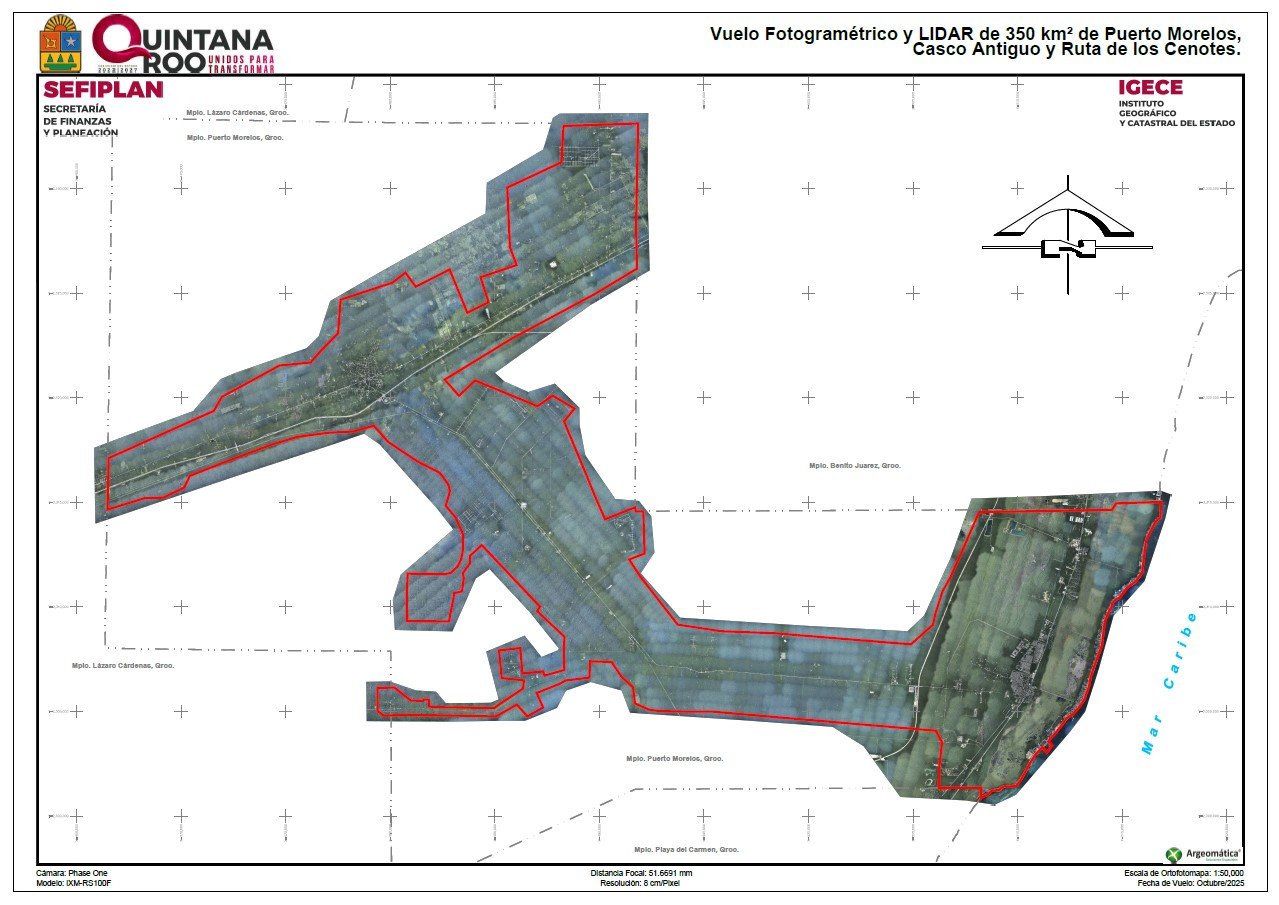 Aerial view of Puerto Morelos coastline with mapping technology overlay