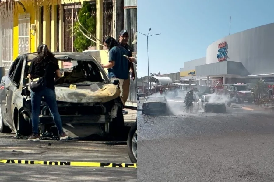 Burnt-out vehicle on a street in Quintana Roo following arson attacks