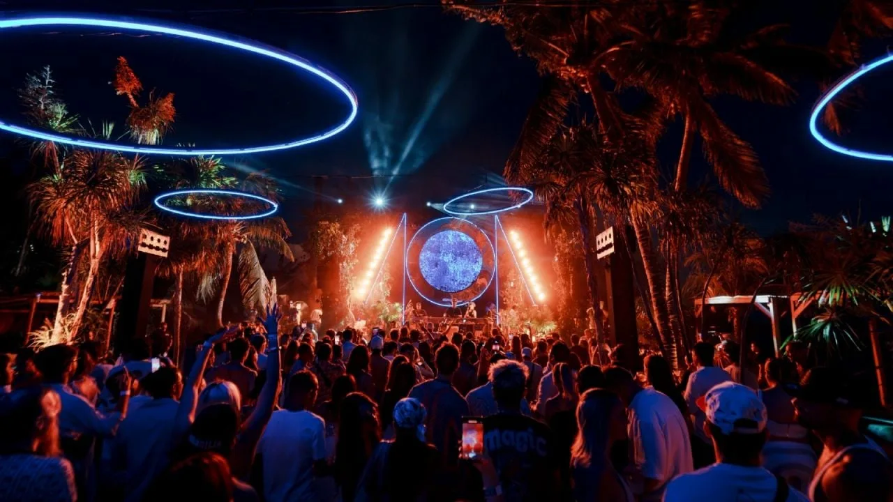 Promotional image for the Somnia 2026 music festival at Mayan Monkey in Isla Mujeres