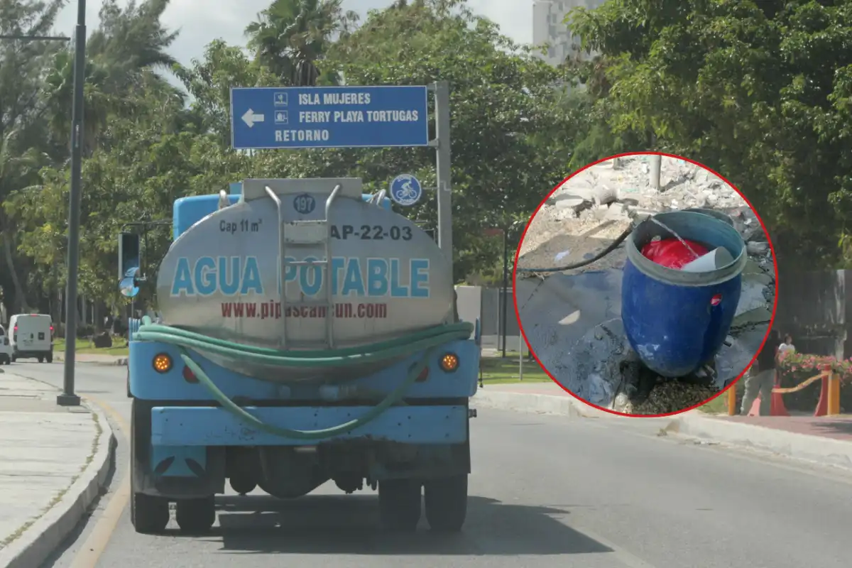 A water delivery truck parked on a street in Cancún, Mexico