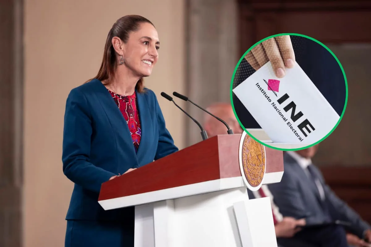 A woman in a blue suit delivers a speech at a podium, while a hand holds up a document labeled 'INE' in the foreground.$# CAPTION