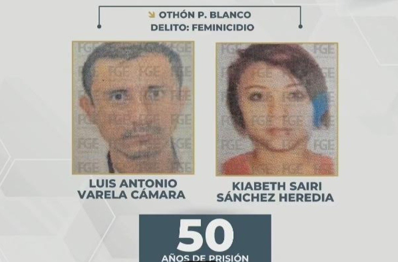 A poster featuring the photographs of Luis Antonio Varela Cámara and Kiabeth Sairi Sánchez Heredia, who have been sentenced for femicide, with the number "50" indicating years of prison below their images.$# CAPTION