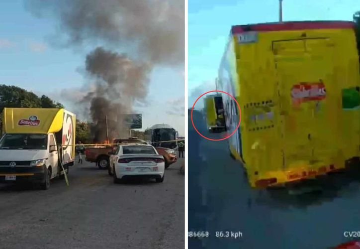 A bus involved in a fatal accident on Highway 307 near Akumal, Quintana Roo.