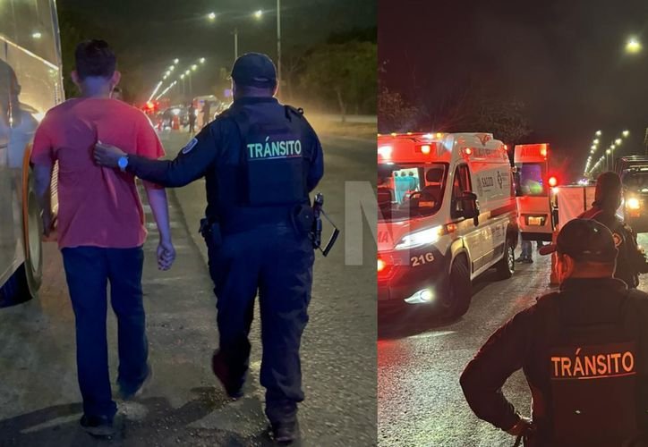 A bus involved in a tense incident at a DUI checkpoint in Playa del Carmen