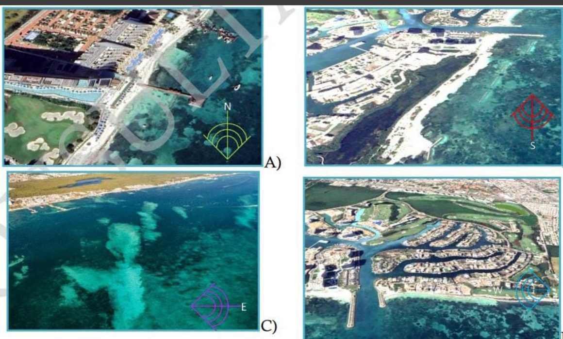 Aerial view of Cancun coastline showing beach erosion near Puerto Cancun condominium