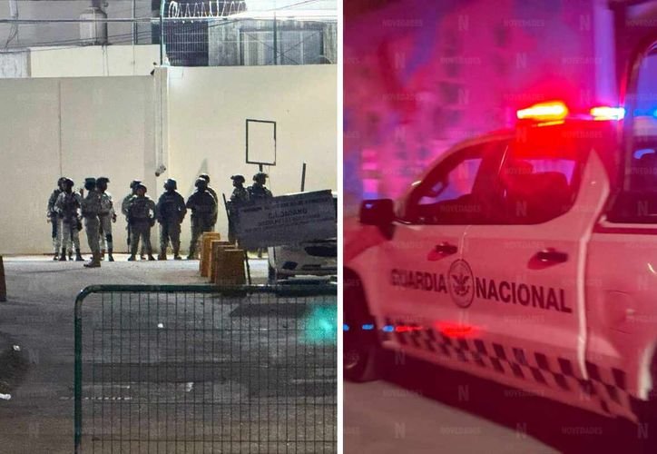 Security personnel and vehicles outside the Cancun Cereso prison during an overnight transfer operation.