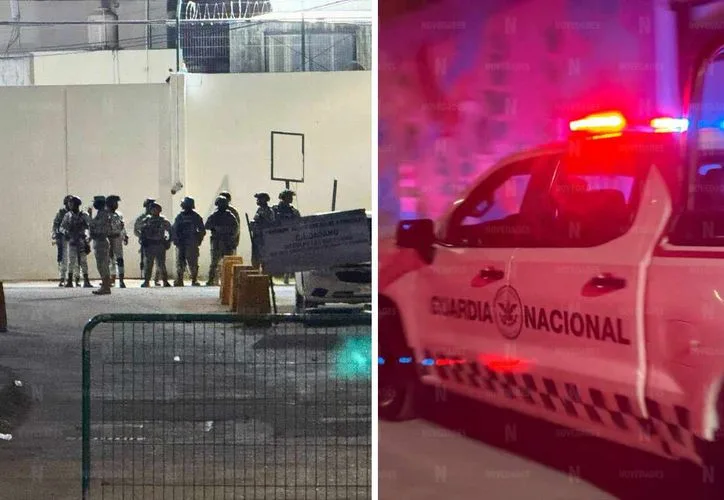 Security personnel and vehicles outside the Cancun Cereso prison during an overnight transfer operation.
